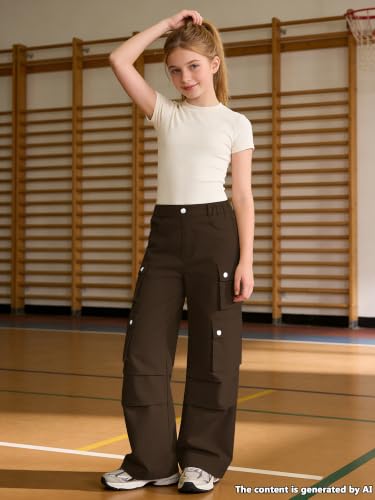 Image of SANGTREE Girls Wide Leg Cargo Pants Multi Pocket,6-14 Years | Cotton High Waist Baggy Trousers with Pockets Teen Y2K Streetwear School Pants| Back-to-school,Outdoor Play