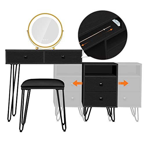 Avzear Dressing Table, Vanity Table With Lighted Mirror Makeup Dressing Table With Large Drawer And 4-Drawer Chest, 3-Color Touch Screen Dimmable Mirror With Cushioned Stool (Black) #TOP3