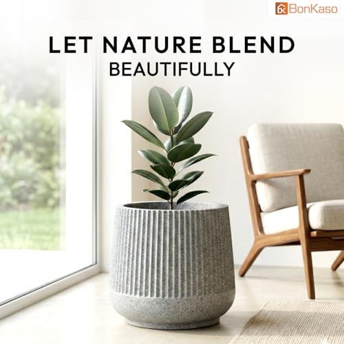 Image of BonKaso 12 Inch Audi Plant Pot for Indoor & Outdoor Use | Heavy Duty Durable Polymer Flower Pot Gamla | Lightweight Modern Planter for Living Room, Balcony, Terrace & Office Decor (Light Grey)