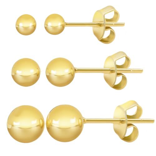 Gold Stud Earrings for Women 14K Gold Ball Stud Earrings Hypoallergenic Earring (3-Pair-Pack) 3MM 4MM 5MM with Butterfly Pushbacks