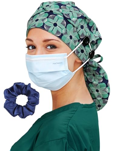 Image of Satin Lined Scrub Cap for Women Extra Large Long Hair Surgical Nurse Cap 4 Buttons