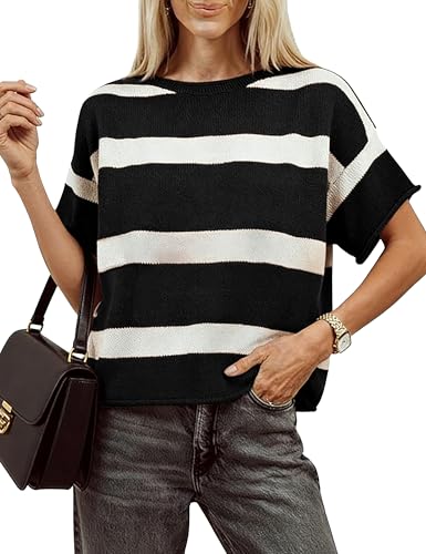 Vimida Women's Striped Knit Short Sleeve Pullover Sweater Crew Neck Drop Shoulder Relaxed Fit Lightweight Casual Tops(Black-XL)