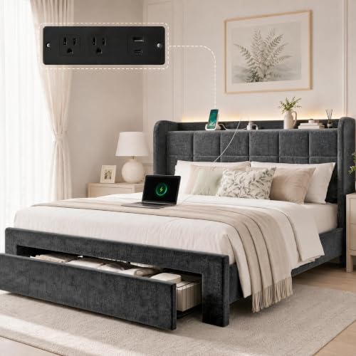 Marsail Queen Bed Frame with Storage Drawer,Queen Upholstered Bed Frame...