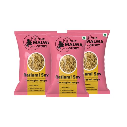 Image of The Malwa Story Original Ratlami Sev - 200gm (Pack Of 3) | Cooked & Packed in Ujjain | Special Madhya Pradesh Authentic Sev Namkeen With No Maida | Spicy & Crunchy | For Poha & Tea Time Snacking