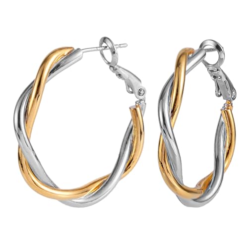 Gold and Silver Sleeper Earrings Two Tone Copper Twisted Designed Chunky Small Hoop Earrings Spiral Huggie Ear Jewelry Fashion Mixed Metal Skin-Friendly Jewelry for Women