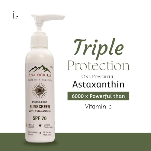 Image of Sunscreen SPF 70 PA++++ with Astaxanthin for Men & Women | Broad Spectrum UVA UVB & Blue Light Protection | Water Resistant Non Greasy Dewy Finish Sunscreen for All Skin Types | 100ml