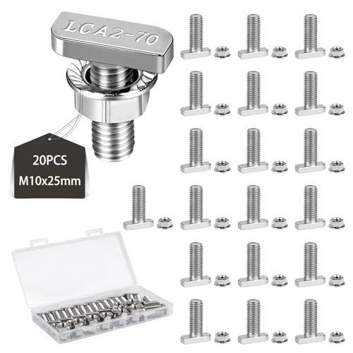 EXLECO 20Pcs Pernos en T Inoxidable M10x25 Tornillo de Cabeza de Martillo con Caja de Plástico Tornillo De Fijacion con Tuercas de Brida para Invernadero Aluminio Rieles Fotovoltaicos con 10mm Ranura