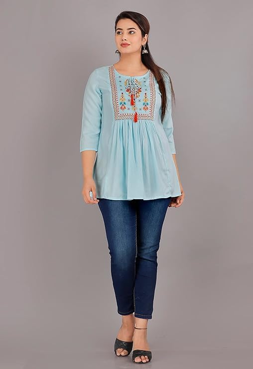 Image of Avayayat Women's Rayon Embroidered Regular Fit Top with Half Sleeves for Office Wear Casual Wear Top for Women Girls Tops Dresses Kurti for Ladies Girls Kurta