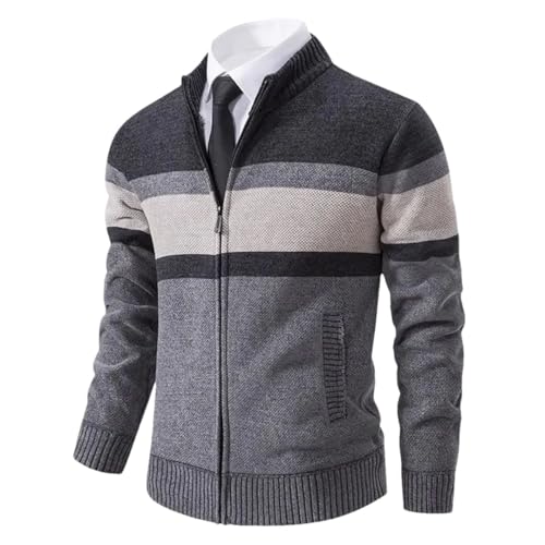 Men Slim Striped Cardigan Knit Sweater Long Sleeve Stand Collar Zipper Sweaters Outerwear