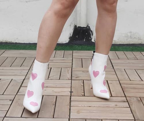 Frankie Hsu Women's Luxury Classic Large Size Cute Pink Heart-Shaped White Patent Leather High Heels Ankle Heeled Kitten Boots Bootie Shoes2