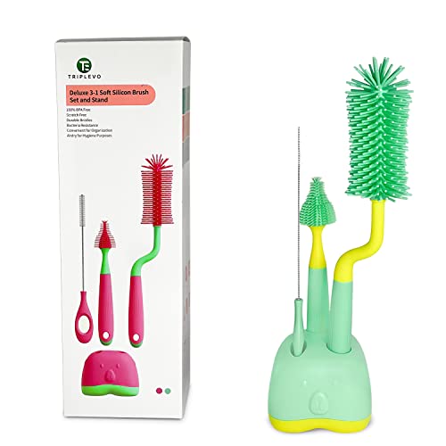 Image of Triplevo 3 in 1 Silicone Baby Bottle Cleaning Brush Kit with Stand – Baby Cleaning Brush Set for Baby Milk Bottles Straws Breast Pumps & Other Accessories – Capable to 360° Overall Cleaning (Mint)