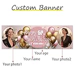 Personalized Happy Birthday Banner with Name Custom Photos Birthday Photography Background Decorations Party Supplies for Women Men (Rose Pink-2 Photo) - Image 2