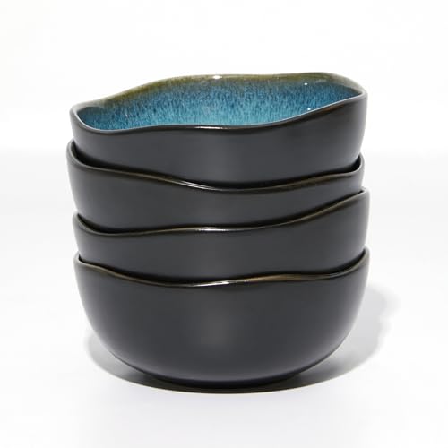 Image of Pokini 5.8 inch Stoneware Cereal Bowls Set of 4, 20Oz Irregular Soup Bowls Set | Reactive Glaze Small Bowls for Soup, Oatmeal, Snack, Microwave & Dishwasher Safe, Chip Resistant Breakfast Bowls, Green Black