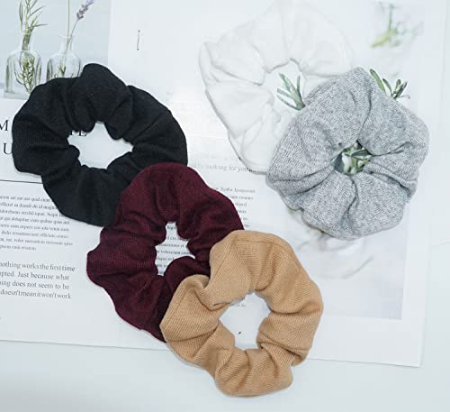 Scrunchies Hair Ties Soft Knitted Hair Bands Hair Scrunchie Holder Ponytail Scrunchy Hair Elastic For Women Ladies Cotton Scrunchy Medium Hair Accessories Black/White/Grey/Beige/Red (Soft Knitted Scrunchies Dark Colors) #TOP7