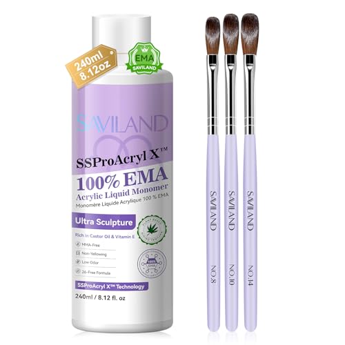 Zestaw Saviland Pro Acrylic Liquid for Nails Kit Ultra Sculpture: 240 ml płynu akrylowego EMA Monomer Acrylic Nail Liquid z 3 pędzelkami akrylowymi do paznokci, przedłużania paznokci