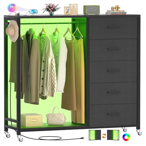 iSunirm Kommode mit Kleiderstange, 5-Schubladen Kommode mit Ladestation & LED Beleuchtung, Schlafzimmer Schubladenschrank mit Rollen & Holzplatte, abschließbare Räder, Schwarz