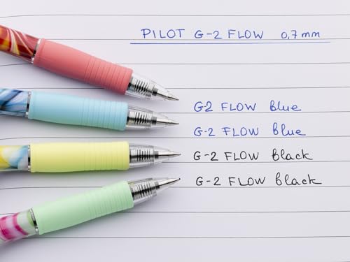 PILOT - 4er-Set G2 Flow - Limited Edition - Einziehbare Gel-Tintenroller - Nachfüllbar - Hervorragender Schreibkomfort - Gehäuse in Rosa, Blau, Gelb, Grün - Blaue und schwarze Tinte - Mittlere Spitze