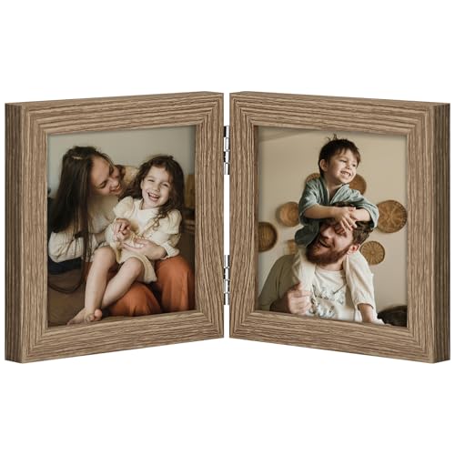 decorUhome Double 4x4 Picture Frame Vertical, Engineered Wood Bifold Photo Frame with Plexiglass for Tabletop Display, 4x4, Oak
