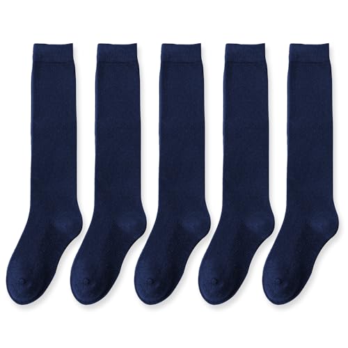 EPEIUS Girls Knee High Socks Seamless Cotton School Uniform Socks Kids Boy Long Sock 8-11 Years Navy 5 Pack (Navy L)