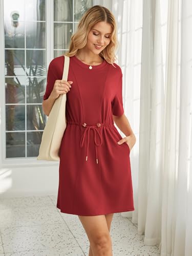 Image of Kikibell Womens Summer Dresses Crewneck Sweatshirt Mini Dress with Pockets Drawstring Waist Short Sleeve Casual Outfits