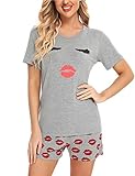 EISHOPEER Women's Short Pajama Set Cute Print Tee and Shorts Sleepwear Pjs Sets Gray L