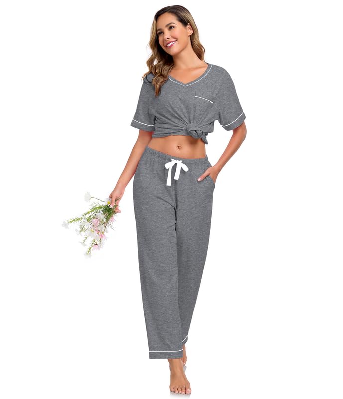 COLORFULLEAF Pyjama pour femme en coton à manches courtes - Ensemble de pyjama confortable pour femme - Tenue d'été légère - Pantalon 7/8