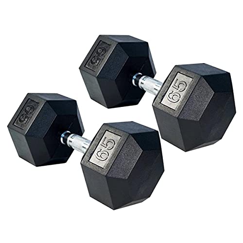 Gronk Fitness Rubber Hex Dumbbell Pairs | 5lbs - 70lbs | Workout Equipment for Men and Women | Rubber Coated Cast Iron with Ergonomic Chrome Plated Handles | 65lbs