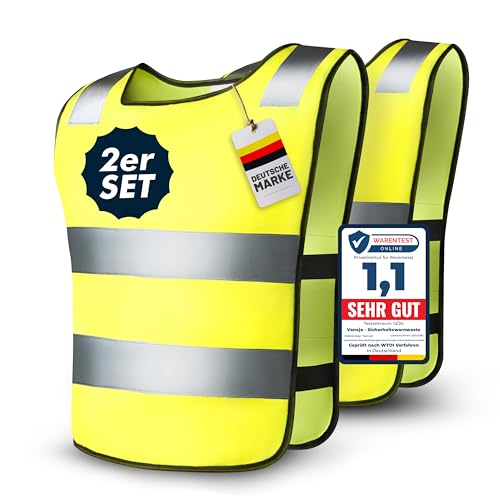 VANEJA 2er Set Kinder Warnweste – Reflektorweste für Jungen & Mädchen 5-12 Jahre – EN 17353:2020+A1:2021 Zertifiziert – Leuchtend gelb, stark reflektierend, ideal für Schulweg & Freizeit