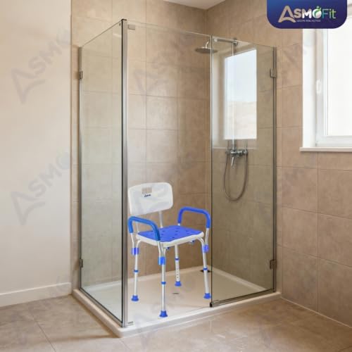 Image of Asmofit Shower Bench for Elderly,Senior Citizens and Patient with Padded Armrests and Back | Tool-Free Assembly BathChair with Anti-Slip Rubber Tips & Height Adjustable Shower Seat for Bathroom