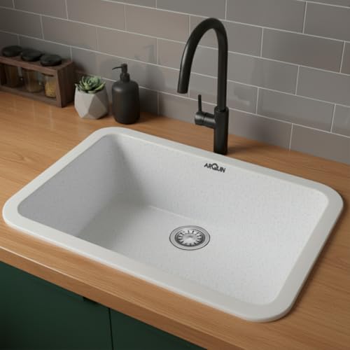 Image of ARQUIN Quartz Kitchen Sink 24x18x9 Inch Sand Pluto Round Corner | Single Bowl Sink | Durable & Scratch-Resistant | Undermount /Topmount Including Coupling, Waste Pipe & Fruit Washing Basket