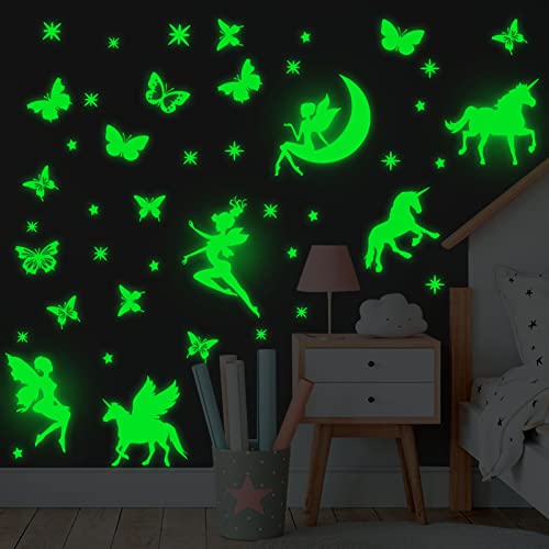 Tarklanda Glow in The Dark Stars Stickers Unicorn Fairy Butterfly Wall Decals Stickers DIY Fluorescent Adhesives Wall Stickers for Nursery Girls Kids Bedroom Living Room Home Decoration - Image 2