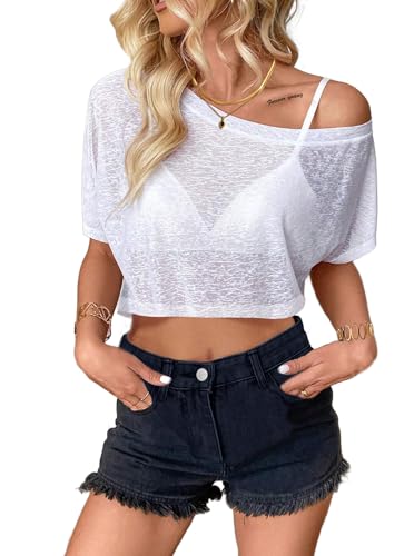 Hilinker Women's Sheer Mesh Crop Tops See Through Off The Shoulder Shirts Short Sleeve Tee