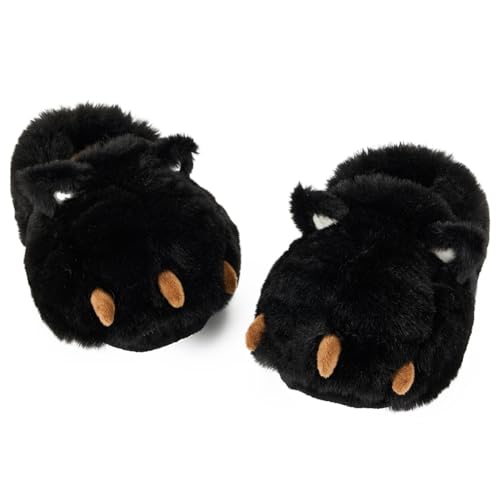 LEMZONE Fuzzy Animal Slippers for Women Cute Warm Furry Bear Paw Funny House Slippers with Non-skid Bottoms