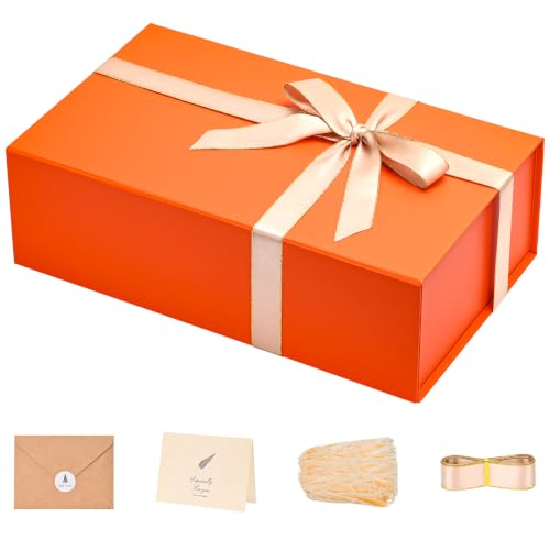 Image of LIFELUM Gift Boxes Bulk, 13.85 x 8.35 x 4.45 inch 1 Pack Orange Gift Boxes with Lids Contains Card, Ribbon, Shredded Paper Filler Gift Boxes for Birthdays, Baby Shower, Bridal Gifts,Weddings