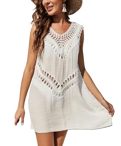 Mujer Vestido de Playa Ganchillo Bikini Cover up con Cuello en V Cubrir Blusa Camisolas Mujeres Bikini Cover Up Vestido de Playa de Verano Traje de Baño de Playa Traje de Baño