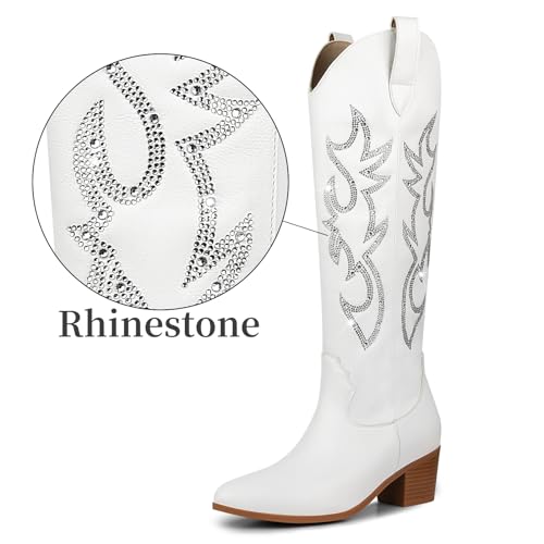 Image of STALOV Cowboy Boots for Women Pull On Chunky Heel Boots Knee High Cowgirl Boots Western Pointed Toe Boots Embroidered Suede Boots