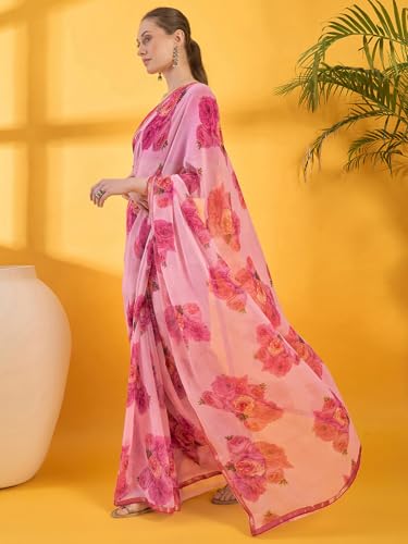 Image of SIRIL Women's Printed Chiffon Saree with Unstitched Blouse Piece