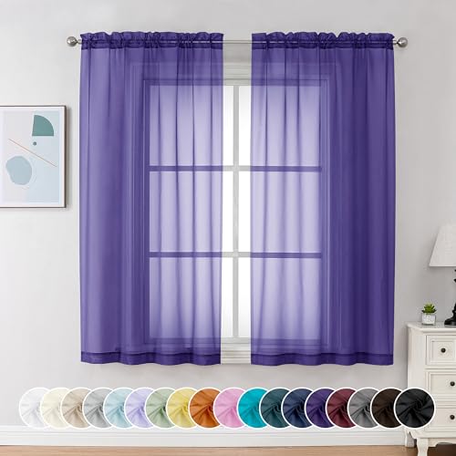 Image of Chyhomenyc Sheer Curtains 63 Inch Length 2 Panels, Light Filtering Rod Pocket Window Sheer Curtain Drapes for Bedroom Living Room, 42Wx63L, 2 Panels, Purple