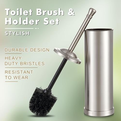 Image of Brushed Nickel Toilet Brush and Holder Set,304 Stainless Steel Toilet Bowl Brush and Holder for Bathroom,Silver Heavy Duty Toilet Brush,Durable Scrubbing Bristles,Splash Resistant,Long Handle