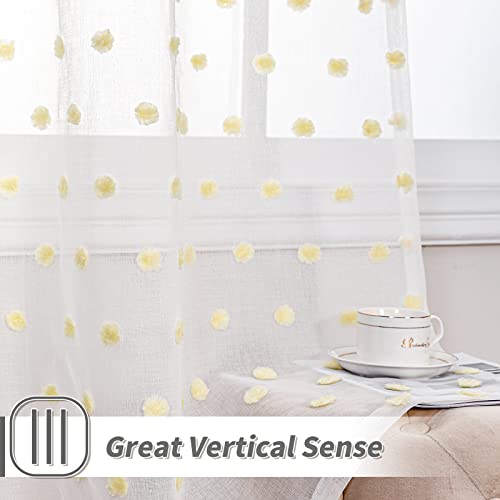 Image of MYSKY HOME Short Yellow Pom Pom Sheer Curtains for Bedroom 45 Inch 2 Pieces | Small Window Curtains, Light Filtering, for Living Room Kitchen Nursery, Yellow Cafe Panels, Rod Pocket, 50 x 45 in