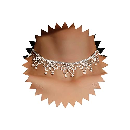 Atentuyi Boho Hochzeit Lotus Blume Weißer Spitze Choker Halskette Gold Perle Quaste Halskette Rose Choker Vintage Floral Choker Kragen Kurz...