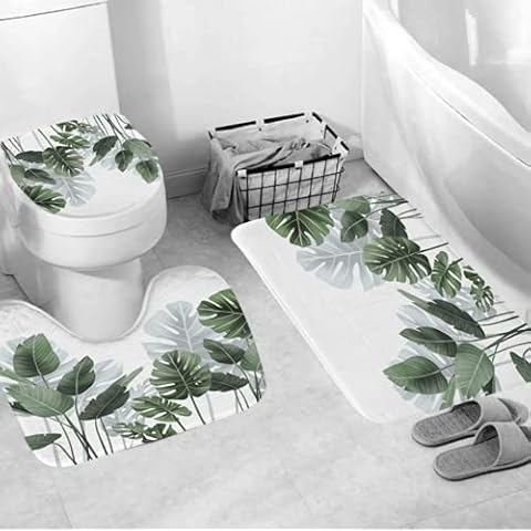 Xshelley three-piece tropical leaf plant bathroom bath mat, non-slip bath mat set, washable, odorless bath mat set Cover