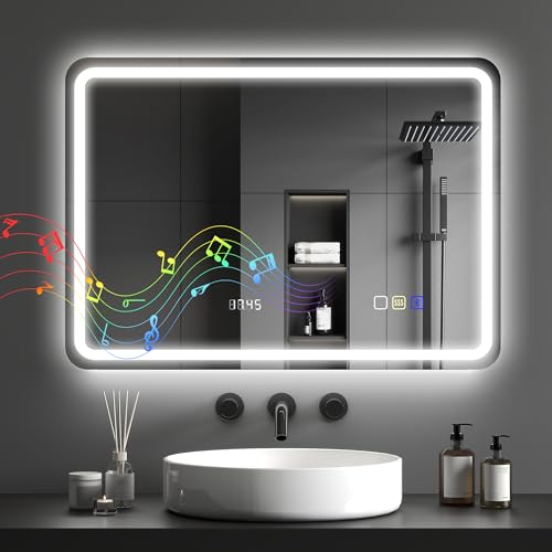 HOMCOM Espejo de Baño con Luz LED 70x50 cm Bluetooth Espejo de Pared con 3 Colores de Luz Reloj Digital Brillo Ajustable Función Antivaho Función de Memoria Interruptor Táctil IP44