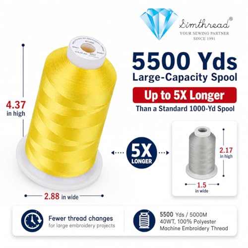 Image of Simthread 5500Yds Embroidery Thread, 5000M High-Yardage 40WT 100% Polyester Thread - 170+ Vivid Colors, High-Speed Rated - Compatible with Brother, Singer, Janome & More - Sunshine Yellow S022