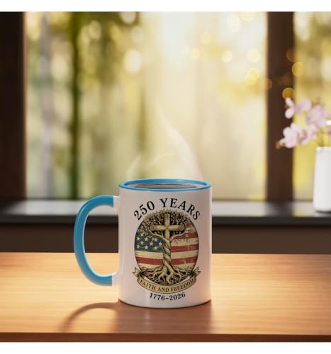 250 Years Bold Cross With Faith Family Freedom 4th Of July Ceramic Mug, Blue/White, 11oz by Faith Family Freedom Christian Design - Used condition - Image 3