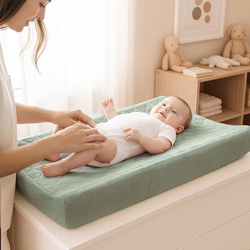 Image of Konssy Waterproof Muslin Changing Pad Cover 2 Pack, Quilted Cotton Fitted Diaper Changing Table Cover, Soft Changing Pad Sheets for Girls Boys (Leafy,Green)