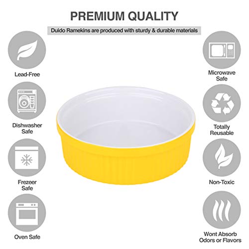 Souffle Dish Ramekins for Baking – 32 Oz, 1 Quart Large Ceramic Oven Safe Round Fluted Bowl with Mini Condiment Spoon for Soufflé Pot Pie Casserole Pasta Roasted Vegetables Baked Desserts (Yellow Set)