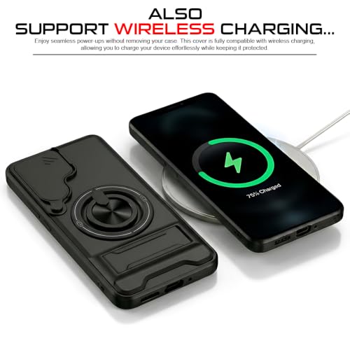 Image of Samsung Galaxy S26 5G Back Cover | Armor Camera Slider 360 Degree Rotating Finger Ring Holder Case with Bracket Stand Back Case Cover (Compatible with MagSafe Accessories) (Black)