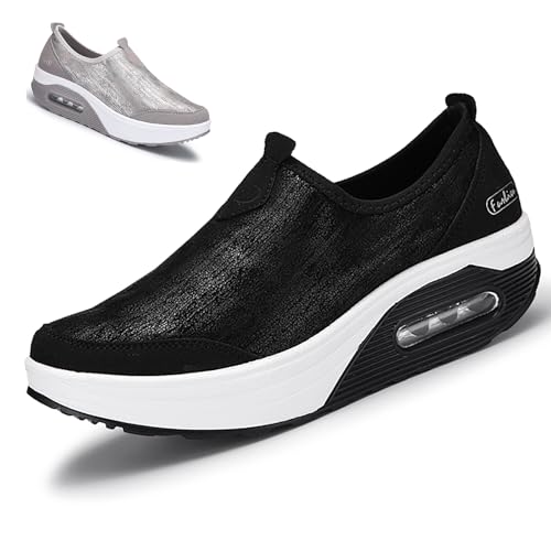 Womens Platform Sneakers Comfort Air Fashion Wedge Slip on Loafer Walking Shoes with Arch Support,Comfortable Casual Stretch Toning Rocker Shoes