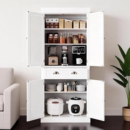 Image of VINGLI 71-Inch White Storage Cabinets with Drawers, Freestanding Pantry Cabinets with Doors and Shelves Adjustable, Wood Farmhouse Kitchen Pantry Cupboard